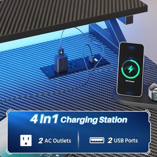 Gaming Desk with LED Lights & Power Outlet, 44.5 Inch Z Shaped Office PC Computer Desk with 3 Fabric Drawers & Monitor Stand, Gamer Table with Storage Shelves for Bedroom, Office Carbon Fiber Black - Image 4