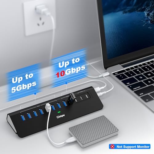 Powered USB Hub 10Gbps, intpw YH9AC 12-Port USB C Hub with 10Gbps USB C 3.2, 2 USB A 3.2, 7 USB 3.0, 2 PD 45W Charging Port, 65W Power Adapter + 3.3FT Cable, Aluminum USB Hub for Laptop/iPhone16/15/PC - Image 3
