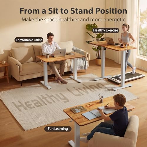 Cubiker Standing Desk, 48x24 Inches Sit Stand Home Office Desk, Electric Stand up Desk, Adjustable Desk with Splice Board, White Frame/Light Rustic Top - Image 3