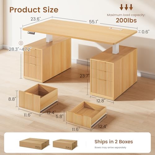 SEDETA Electric Standing Desk with 6 Drawers, 55" Adjustable Stand up Desk with Storage, Fluted Computer Desks with Power Outlets for Home Office, Oak - Image 2