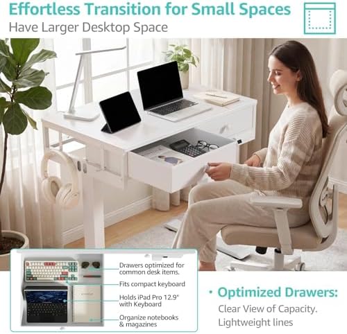 White Electric Standing Desk with Drawers, 32 Inch Small Adjustable Desk with Storage, Stand Up Computer Study Writing Desks for Small Space Home Office Bedroom, Sit Stand Work Desks for Walking Pad - Image 6