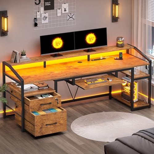 SEDETA 63" Computer Desk, Office Desk with Lock Drawers for Legal/Letter File, Gaming Desk with LED Light & Power Outlet, Home Office Desks for Printer, Rustic Brown by SEDETA