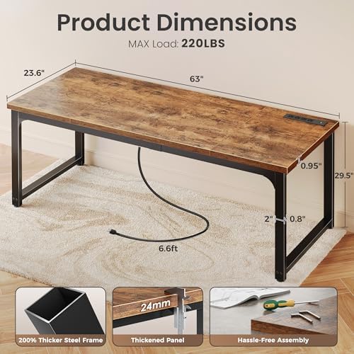 Huuger 63 x 24 inch Desk with Power Outlets & 0.95 Inch Thicker Desktop - Image 2
