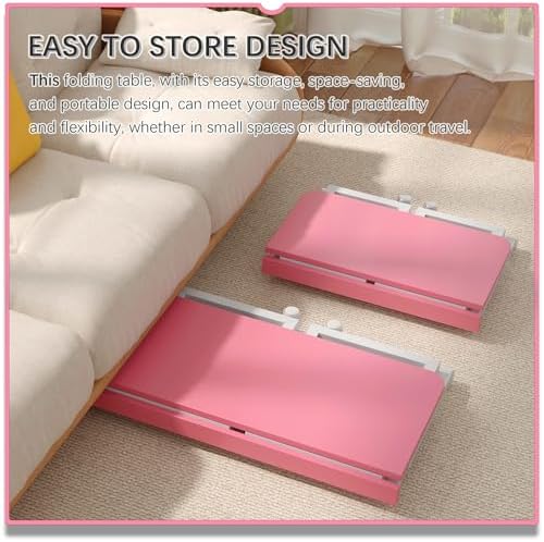 4NM No Tool Assembly 23.6" Small Desk, Folding Portable Desk with Wheels, Adjustable Height Foldable Computer Home Office Desks, Collapsible Study Writing Table for Space Saving Bedroom - Pink White - Image 4