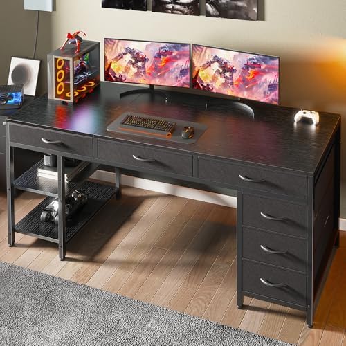 Huuger Computer Desk with 6 Drawers, Office Desk with Shelves, Reversible Gaming Desk, Corner Desk with Storage, Work for Home Office, Study, Living Room, 63inch, Black - Image 4