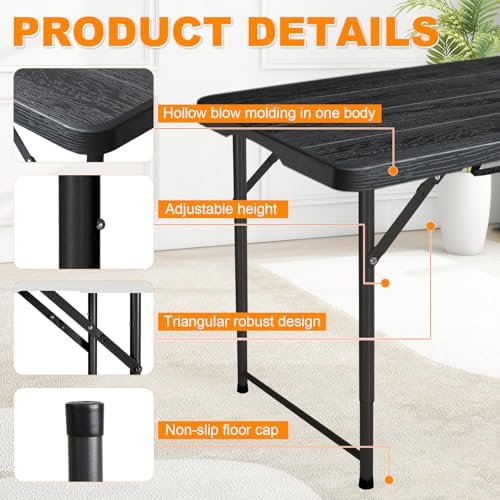 4ft Folding Table, Portable Fold-in-Half Adjustable Height Utility Table for Indoor/Outdoor Use, Durable HDPE & Steel, Stable & Lightweight, Multi-Purpose, Black Woodgrain - Image 4