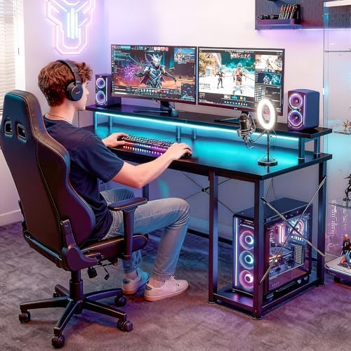 ODK 55 Inch Gaming Desk with LED Lights & Storage Shelves, Black - Image 5
