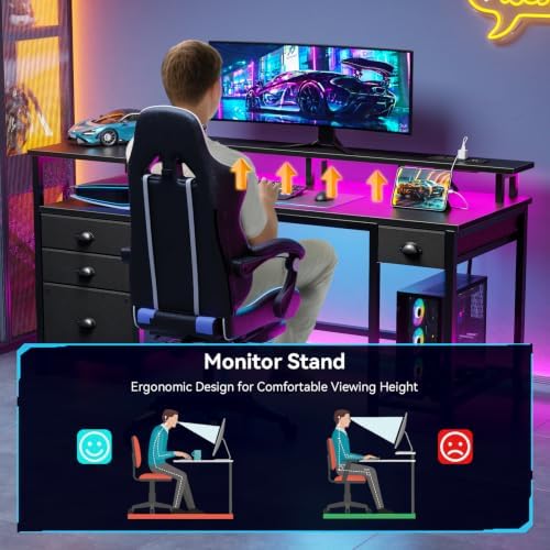 Furologee 60" Black Computer Desk with 4 Drawers and Printer Space, Gaming Desk with LED Lights and USB Power Outlets, Home Office Desk with Fabric File Cabinet,Study Work Table with Shelf for Bedroom - Image 5