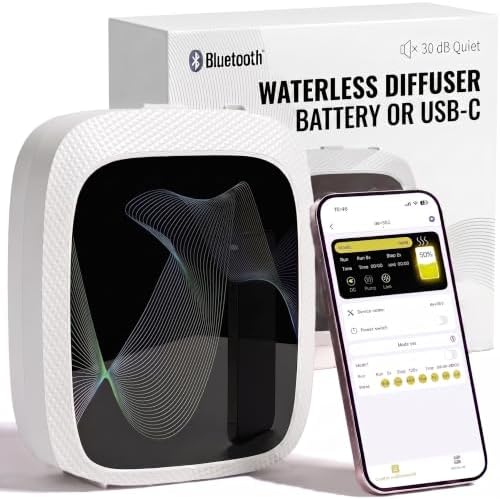 Waterless Essential Oil Diffuser, Cold Air Scent Diffuser Machine for Home & Office, Bluetooth App & Manual Control, USB-C or D Battery Powered, Wall Mount or Tabletop, White by WelcometoFrantis