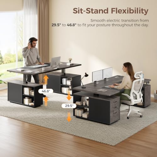 71" Electric Standing Desk with Drawers, Electric Height Adjustable Executive Desk with Lockable File Cabinet, Home Office Desk, Open Storage Compartments, Built-in Power Outlet, Relief Gray+Black - Image 3
