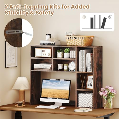 LDAILY Desktop Bookshelf, 37’’ Wood Desk Shelf with 7 Cubes & 3 Adjustable Shelves, 3-Tier Desk Display Rack, Desk Hutch for Dorm College Office Computer Monitor Up to 27’’ (Rustic Brown, 7 Shelves) - Image 5