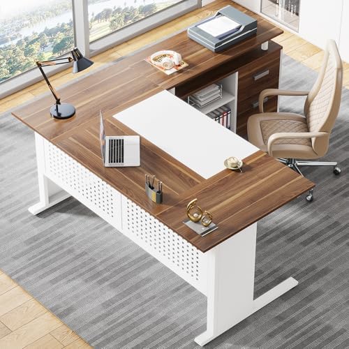 Tribesigns 63 Inch Executive Desk with File Cabinet, L Shaped Office Desk with Drawers and Storage Shelves, Business Furniture Set Workstation for Home Office, White and Walnut - Image 6