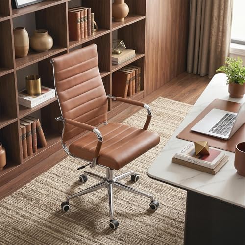 Okeysen Office Desk Chair, Ergonomic Leather Modern Conference Room Chairs, Executive Ribbed Height Adjustable Swivel Rolling Chair for Home Office Set of 6. (Brown) - Image 7