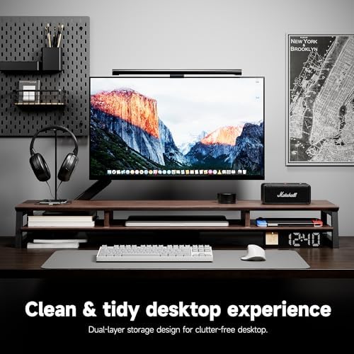 Dual Monitor Stand Riser for Desk, 41.7 Inch Large 2 Tier Computer Monitor Stand for 2 Monitors, Desktop Storage Organizer Shelf with Keyboard Space for Laptop PC Printer Brown - Image 3