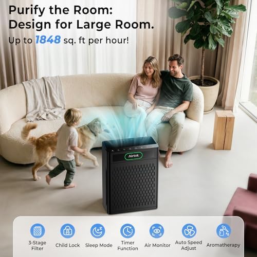 Airtok Air Purifiers for Home Large Room Up to 1848sq.ft, HEPA Air Purifier for Bedroom, Pet Hair Air Cleaner with Washable Filter, Aromatherapy, Sleep Mode Air Cleaners for Smoke, Office-AP3001 Black - Image 2