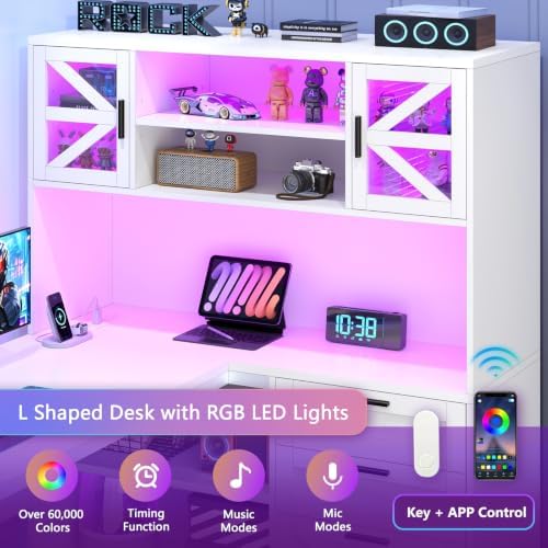 59" Farmhouse L Shaped Gaming Desk with Storage Drawers, LED Lights, Outlet - Image 6