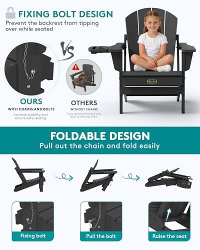 SERWALL Folding Adirondack Chair, 4 in 1 Cup Holder Patio Chair - Black - Image 4