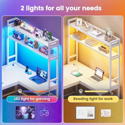 SEDETA White Corner Desk, Reversible 45.3” Small Computer Desk with Power Outlet and LED Lights, Corner Computer Desk with Hutch, Storage Shelves and Hooks for Small Space - Image 5