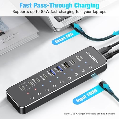 RSHTECH 10-Port 66W Powered USB C/USB 3.2 Hub 10Gbps for Data & PD Charging - Image 5