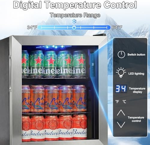 FoMup Mini Fridge 50 Can, Small Beverage Refrigerator with Reversible Glass Door, Countertop Drink Cooler with Temperature Control, Compact Beer Soda Fridge for Office Dorm Kitchen, Stainless Steel - Image 5