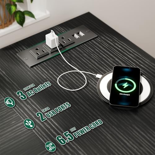 Korfile 66 inch L Shaped Computer Desk with Power Outlets, Black - Image 4