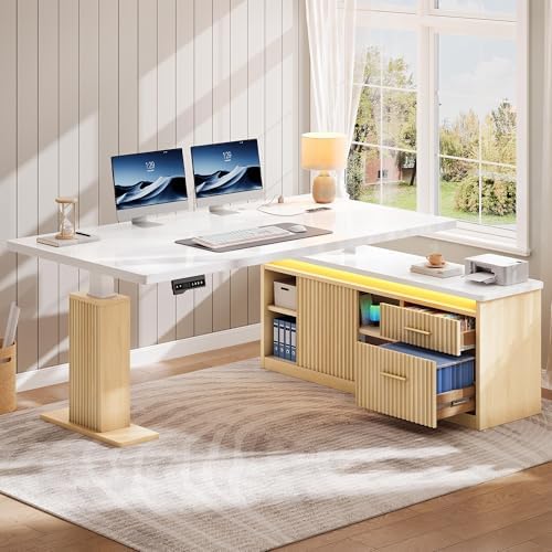 YITAHOME L Shaped Standing Desk with Power Outlets & LED Lights, 63" Electric Standing Desk Adjustable Height Sit Stand Corner Standing Desks with Drawers & Sliding Door, High-Gloss White+Natural Oak by YITAHOME