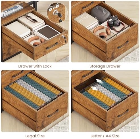 SEDETA 63" Computer Desk, Office Desk with Lock Drawers for Legal/Letter File, Gaming Desk with LED Light & Power Outlet, Home Office Desks for Printer, Rustic Brown - Image 4
