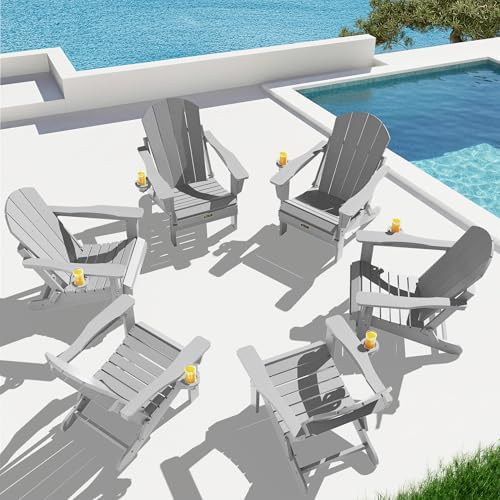 SERWALL Folding Adirondack Chair Set of 6 with Cup Holder - Light Gray by SERWALL
