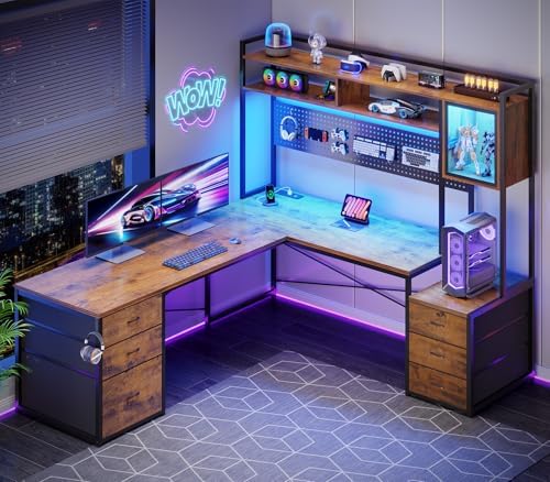 SEDETA Reversible L Shaped Gaming Desk with 6 Drawers, Hutch, Led Lights by SEDETA