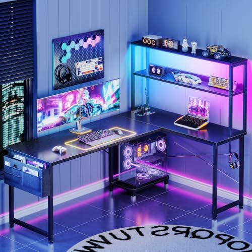 ODK 61" L Shaped Gaming Computer Desk with Shelves, LED & Outlets, Black - Image 2