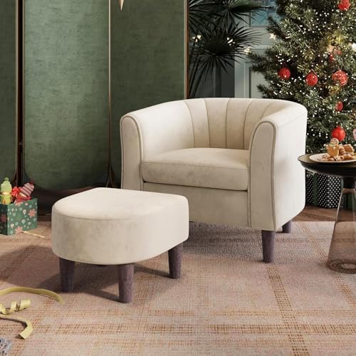 LINSY Accent Chair with Ottoman, Modern Armchair Comfy Barrel Reading Chair with Footrest for Living Room Bedroom Reading Room, Velvet, Cream by Linsy