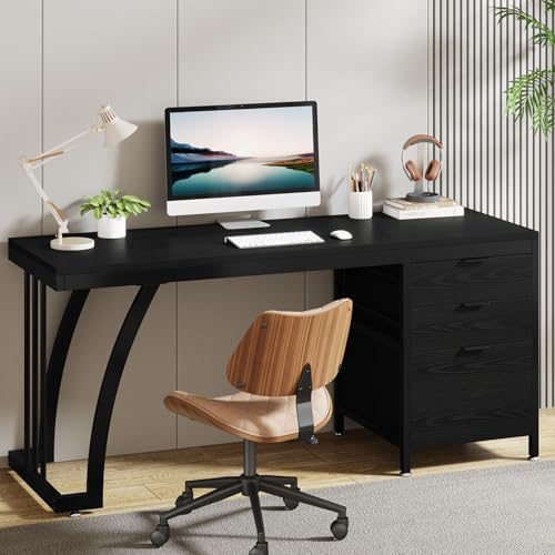 Tribesigns Computer Desk with 3 Drawers, 59-Inch PC Desk with Reversible Drawers, Industrial Study Writing Table Workstation with File Storage for Home Office (Black) by Tribesigns