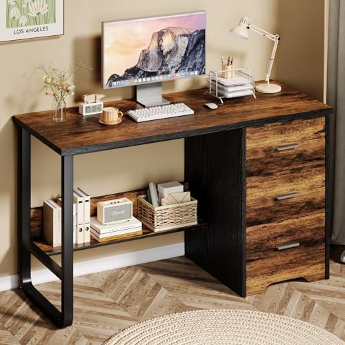 MaverickFurni 47 Inch Computer Desk with 3 Drawers and Shelves, Brown - Image 3