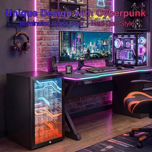 17" Beverage Refrigerator with LED Light Up Door – 128 Can Freestanding Drink Fridge, Small Beer Cooler with 4 Removable Shelves, Child Safety Lockfor Gaming Room Home Bar Party,Cyberpunk - Image 2