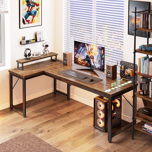 PRAISUN 53" L Shaped Computer Desk, Outlets, Monitor Stand, Rustic Brown - Image 7