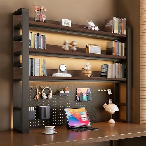 2/3/4 Tier Desktop Bookshelf with Pegboard and Storage Parts, Metal Desktop Organizer Hutch, Desk Shelves for Top of Desk, Shelf Organizer Display Rack for Dorm Home(Black+Brown,4-tier L61in) by Unknown