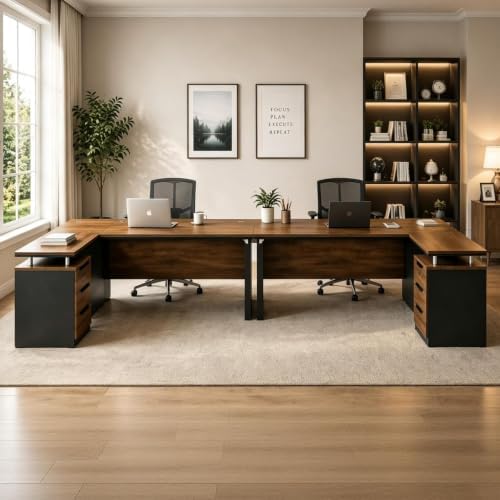 63 Inch L-Shaped Executive Desk Set of 2, Industrial Modern Wood Office Desk with 3 Drawers, Built-in Cable Management & Power Outlet, Real Wood Finish, Reversible Left/Right Return Home Workstation - Image 4