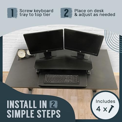 TechOrbits Standing Desk Converter - 32 Inch Adjustable Sit to Stand Up Workstation, Particle Board, Dual Monitor Desktop Riser with Keyboard Tray, for Home Office Laptop, Black 32" - Image 7