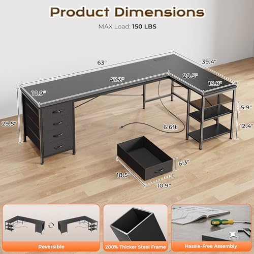 Huuger 63 Inch L Shaped Desk with Fabric Drawers, Reversible Computer Gaming Desk with Power Outlets and USB-C Port, Adjustable Side Storage Shelves, for Work Study Corner Home Office, Black - Image 3