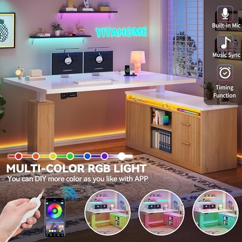 YITAHOME L Shaped Standing Desk with Power Outlets & LED Lights, 63" Electric Standing Desk Adjustable Height Sit Stand Corner Standing Desks with Drawers & Sliding Door, High-Gloss White+Natural Oak - Image 5