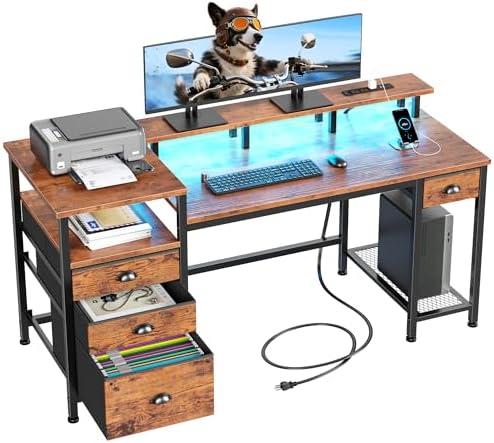 Furologee 60" Computer Desk with 4 Drawers, Power Outlet, LED, Rustic Brown by Furologee
