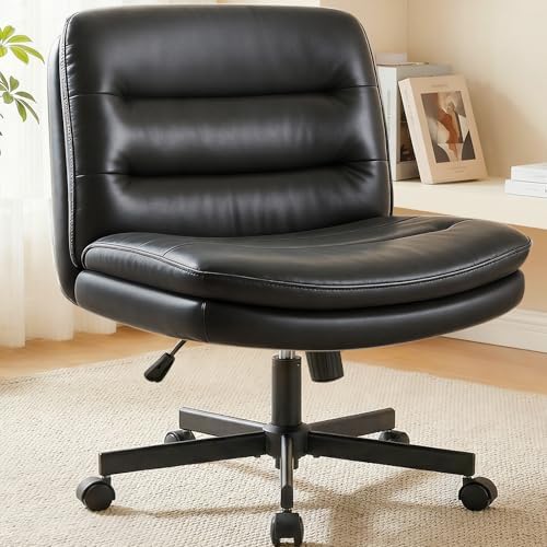 GTPLAYER Cross Legged Office Chair, Armless Desk Chair Cute Vanity Chair with Wheels Computer Chair Comfy Wide Office Chair Adjustable Swivel for Home Computer Task,Pu Leather, Black by GTPLAYER