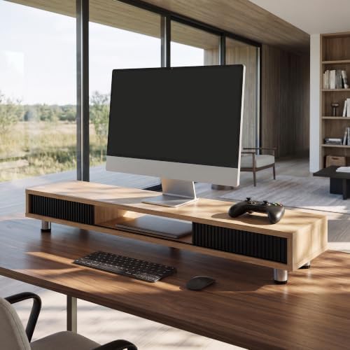 Fenge Dual Monitor Stand with Storage, Desk Shelf with Glass Sliding Door - Image 2