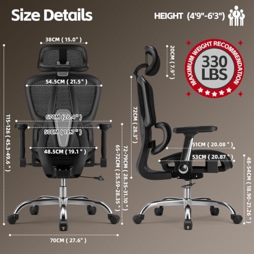 Mesh Office Chair, Ergonomic Office Chair, Home Office Desk Chairs with Headrest, 90-135° Tilt Lock and Breathable Backrest & Lumbar Support, 5D Armrest, Computer Chairs (Large Chair) - Image 3