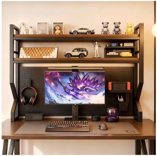 Desktop Hutch Bookshelf,Many Gifts,Metal Desktop Bookcase with pegboard, Desk Shelf Brown, Countertop Storage Organizer Rack for Dorm or Office,Desktop Shelves (Natural+Black, 53.1" Lx9.9 Wx39 H) by Unknown