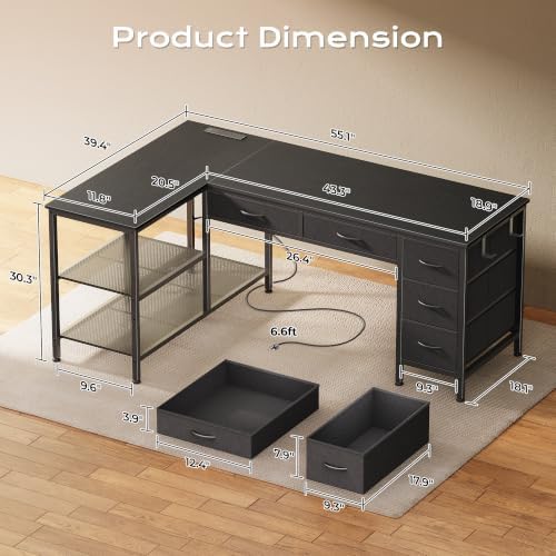 PRAISUN 55 Inch L Shaped Desk with Power Outlets, 5 Fabric Drawers - Image 3