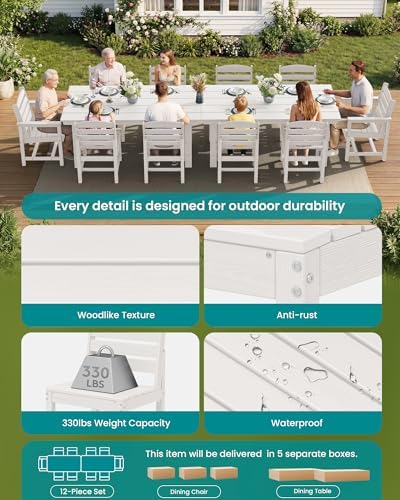 SERWALL HDPE Outdoor Dining Furniture, Outdoor Dining Set for 10, White - Image 6