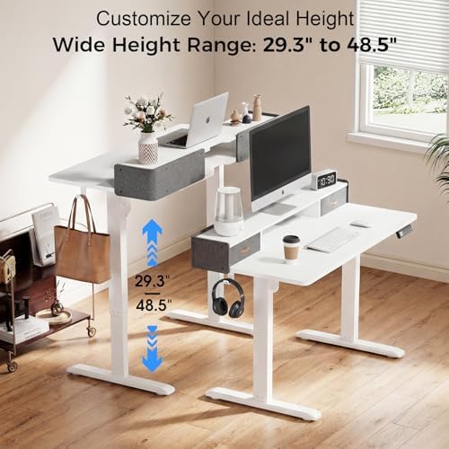 Electric Standing Desk with Drawers, 63 Inch Height Adjustable Desk with Power Outlets & LED Lights, Sit Stand Table with Monitor Stand for Home, Office, White - Image 3