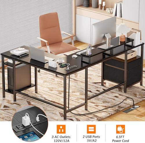 Furologee 66 Inch L Shaped Desk with 2 Drawers and Power Outlet, Black - Image 6