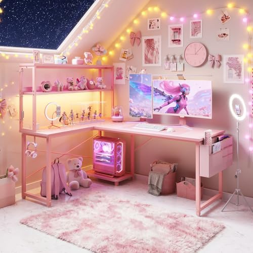 AODK L Shaped Desk Gaming Desk with LED Light & Power Outlet - Image 2